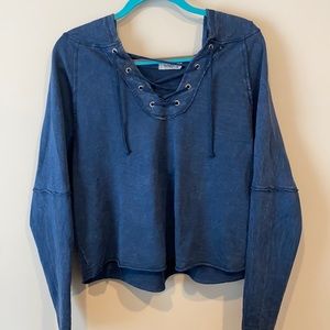 Navy Hooded Long Sleeve Lace-Up Neck shirt